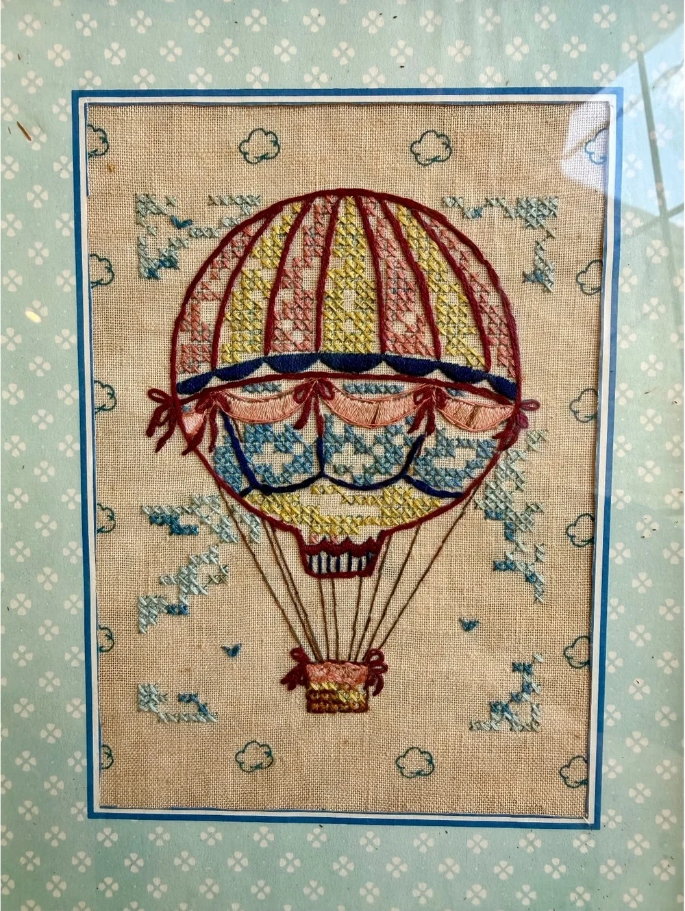 Vintage Framed Hot Air Balloon Crewel Embroidery Needlework Wall Art